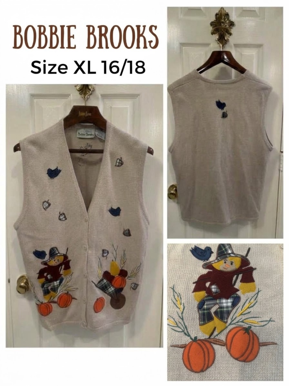 Bobbie Brooks Vintage Fall Vest Scarecrow Pumpkin Harvest Sweater SZ XL 16/18